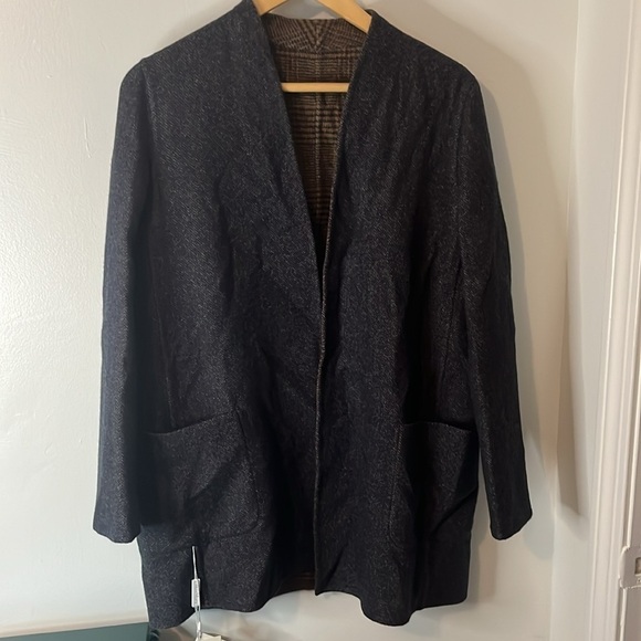 Max Mara Cucito A Mano NWT Midnight Blue Brown Chevron Galles Robe Jacket Sz 12 - Picture 8 of 16